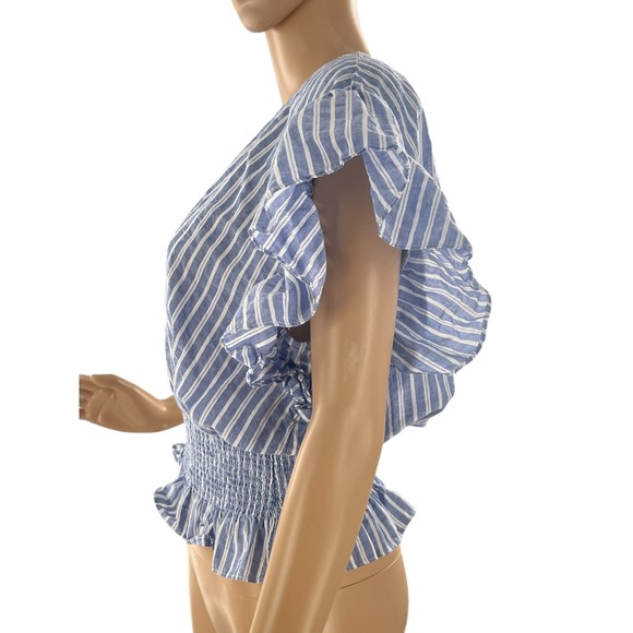 Madewell Smocked Ruffle-Sleeve Top Blue Striped Blouse Women's M Coastal Chic - Picture 6 of 15